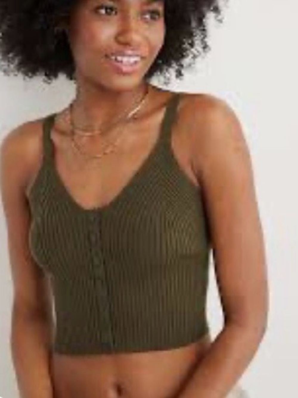 Aerie Ribbed Cropped Button Front Tank Top  Olive Green Women’s Large